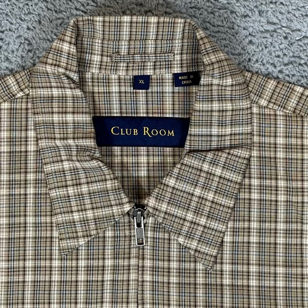 Club Room Mens XL Plaid Full Zip Harrington Jacket Tan Brown 100% Cotton